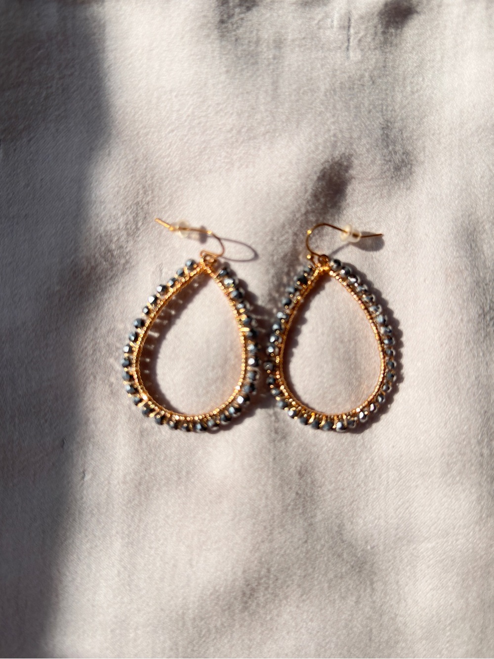 Gold Teardrop Hoop Earrings with Silver Bead Accents
